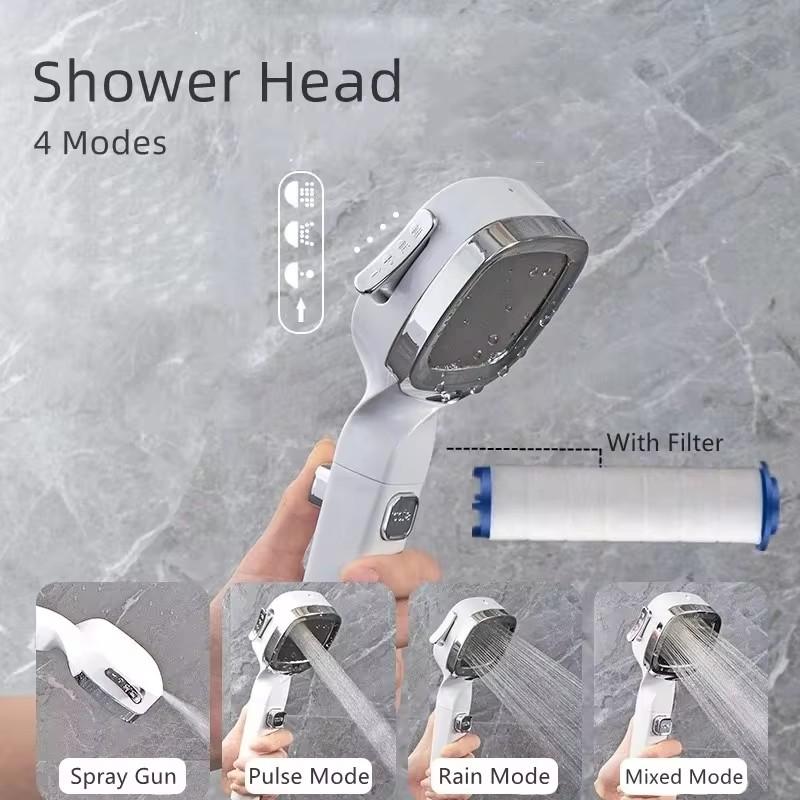 New 4 Mode High Pressure Shower Head With Switch On Off Button Sprayer Water Saving Adjustable Shower Nozzle Filter For Bathroom