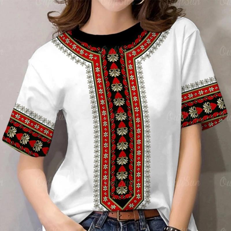 Short-sleeved T-shirt; women's round-neck short-sleeved shirt; 3D printed traditional ethnic clothing