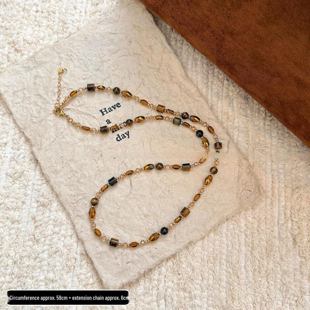 Retro Tiger Eye Stone Necklace - Versatile Maillard Style for Autumn & Winter Sweaters, High-End Luxury Accessory.