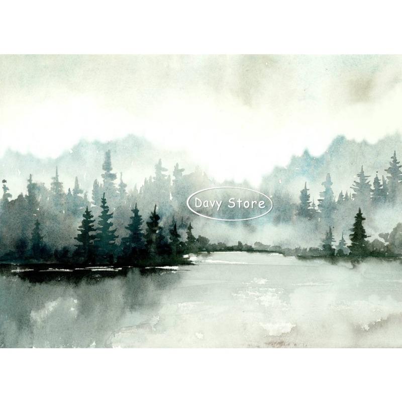 Misty Forest Mountain Lake River Watercolor Landscape Neutral Poster Canvas Printing Minimalist Wall Art Picture Home Room Decor
