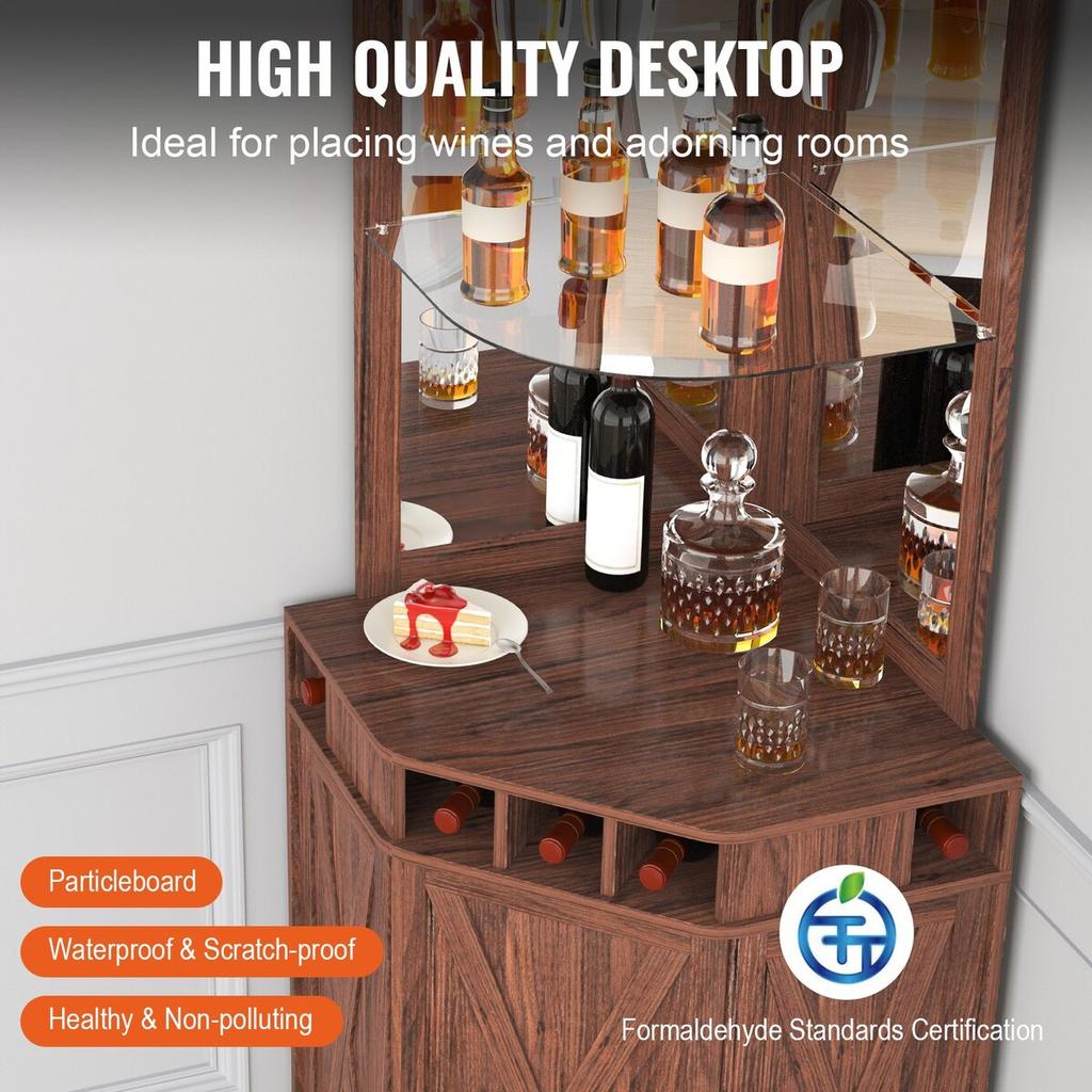 Corner Industrial Bar Cabinet, Wine Table for Liquor & Glasses, Sideboard Buffet Cabinet with Glass Holder, Freestanding Farmhouse Wood Coffee Bar