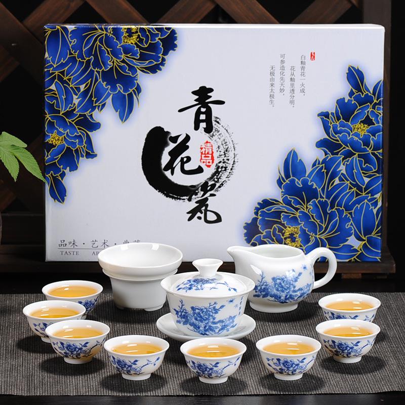 Kung Fu čajová souprava keramický čajový šálek bílý porcelán celá sada modrobílý čajový šálek víčko miska čajová souprava