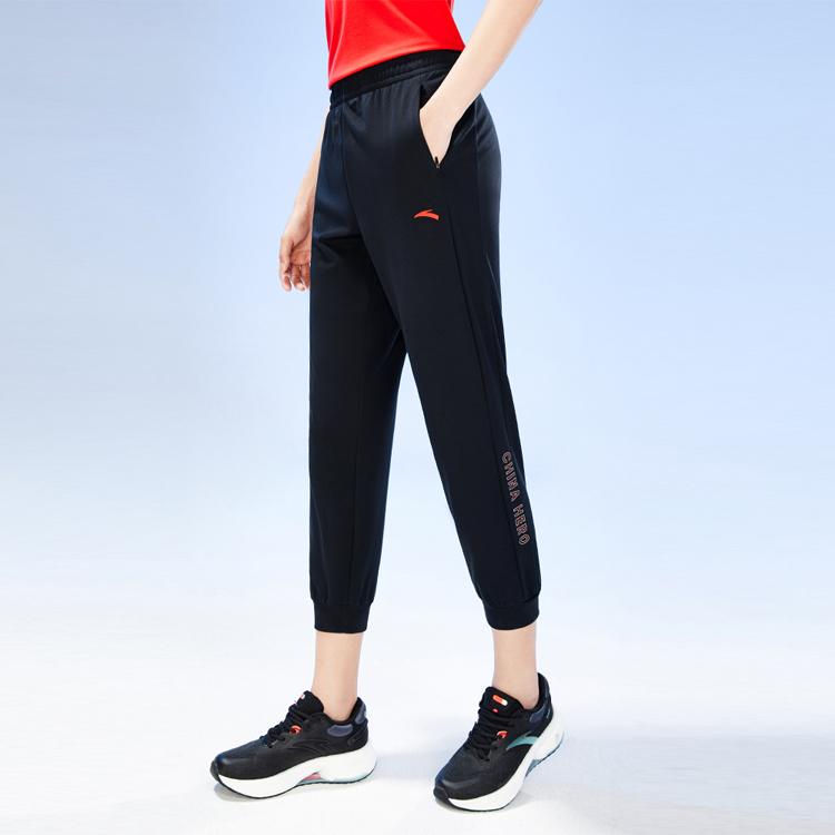 Anta Training Series Logo Print Knitted Tapered Nine-Point Sports Pants Women bottoms Basic-Black 162327324-1