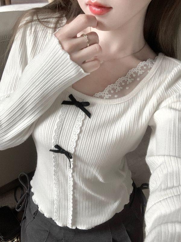 Svetr s krajkovou vsadkou a patchworkovým vzorem: Dámský podzimní/zimní top s dlouhým rukávem slim fit