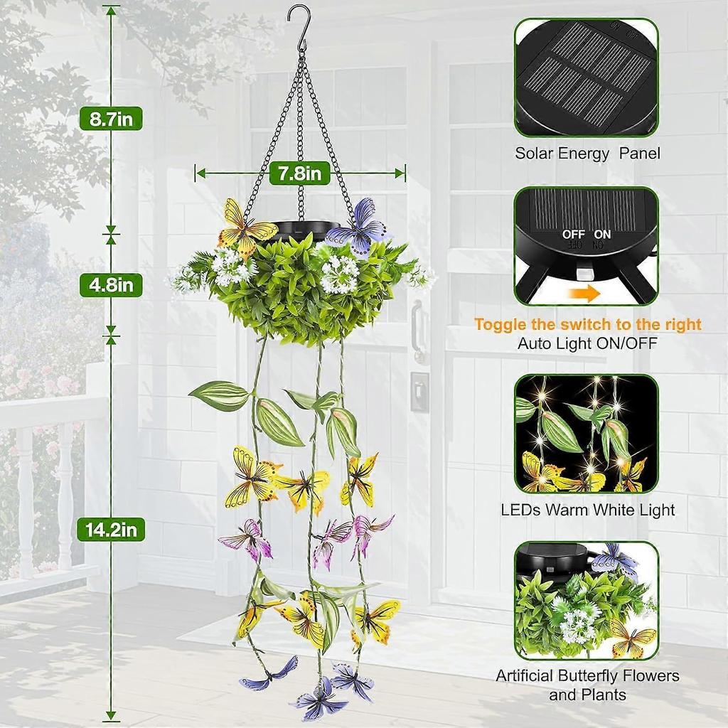 Colorful Solar Butterfly Lights for Spring & Summer Garden, 2 Pack Hanging Lights with Fluttering Butterflies & Flowers, IP65 Waterproof Outdoor Ivy S