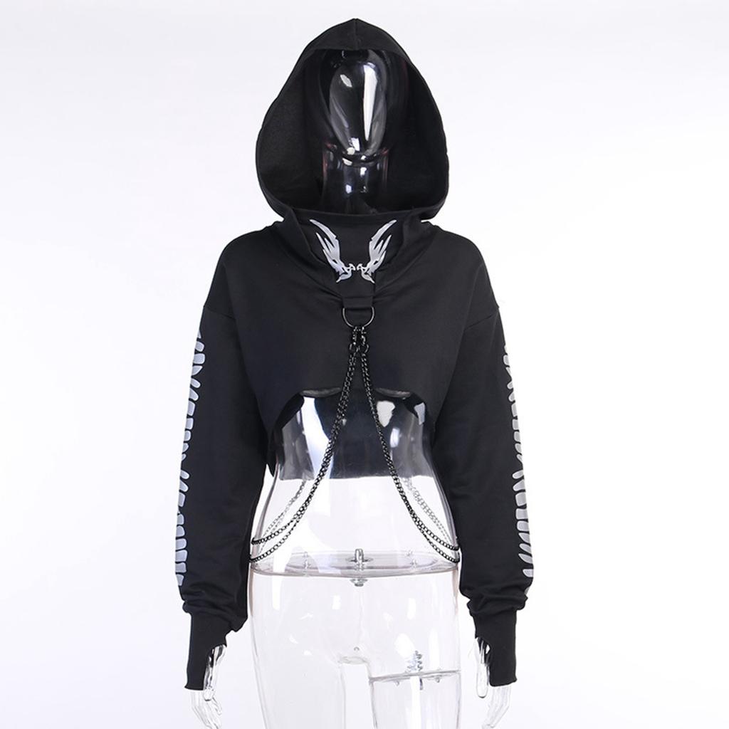 Felpe Crop Top con Stampa Riflettente Gothic da Donna Pullover Sweatshirt Jumper con Catena a O-ring Rimovibile