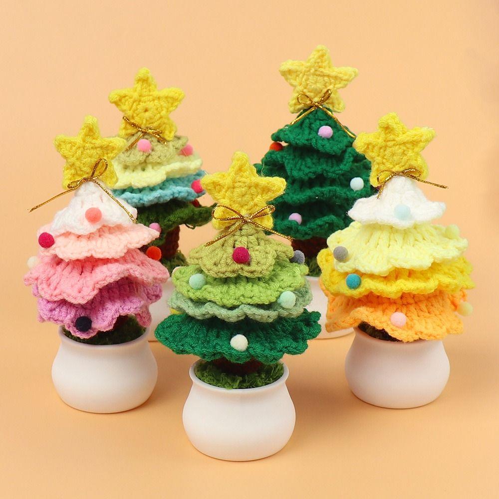 Cute Crochet Christmas Tree Decor Mini Artificial Knitted Tabletop Ornament  Holidays