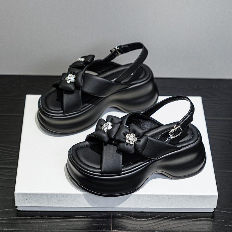 Leather Platform Sandals 2025 Summer New Heightening Rhinestone Bow Casual Fashion Versatile Small Women's Sandals