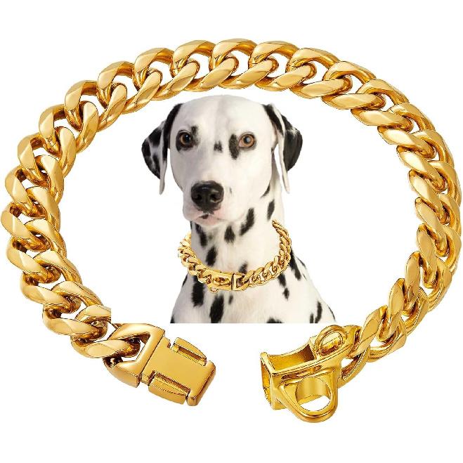 Stainless Steel 18K Gold Dog Collar with Secure Locking Buckle – 15MM Cuban Link Chew-Proof Chain for Small, Medium & Large Dogs