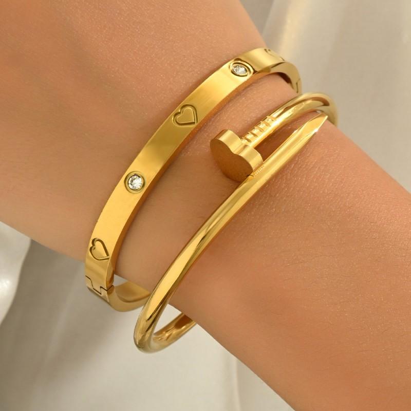 Stainless Steel Gold Plated Clover Charm Bangle Set With Rhinestone Accents Women