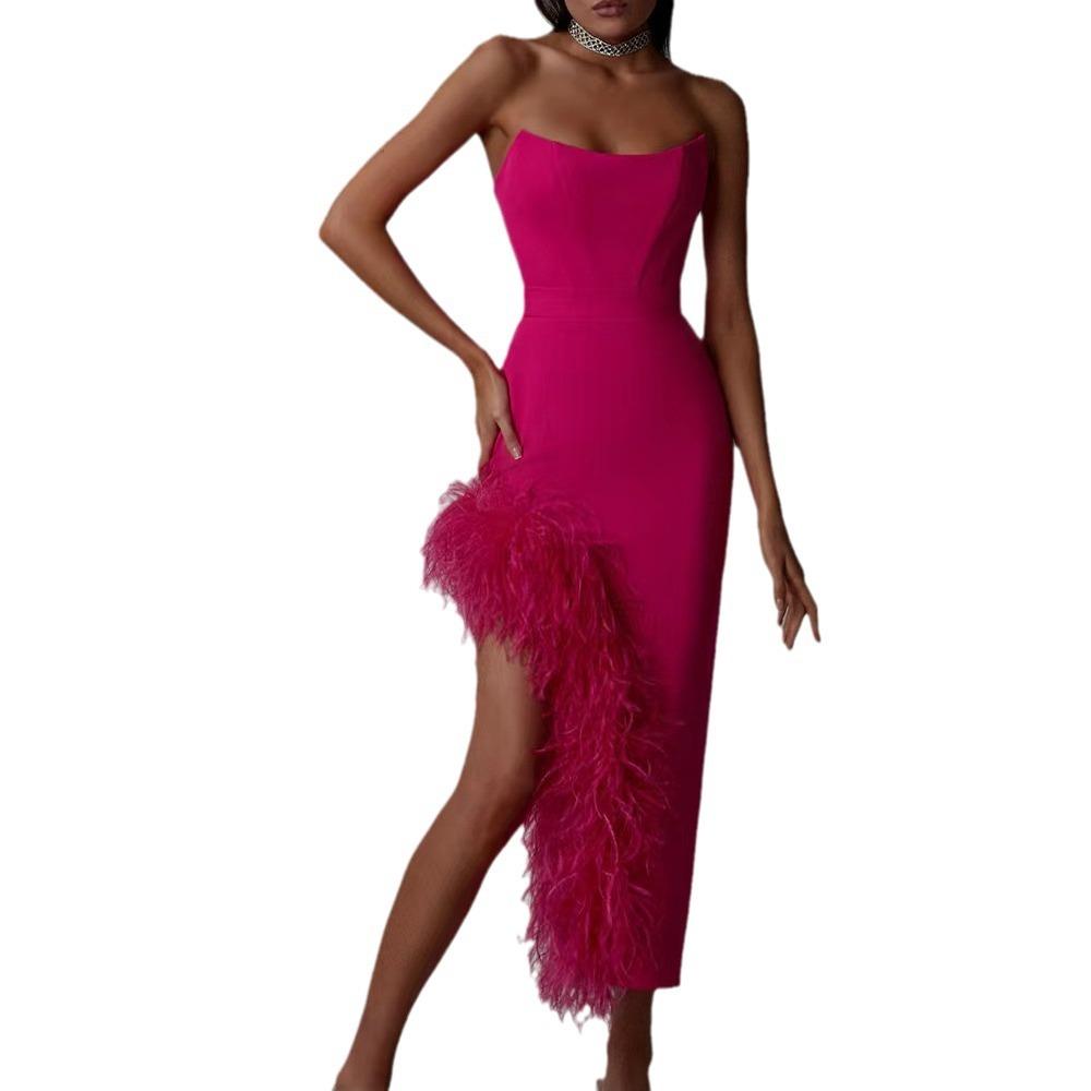 High-end European and American dress tube top high waist slit ostrich hair bandage skirt female