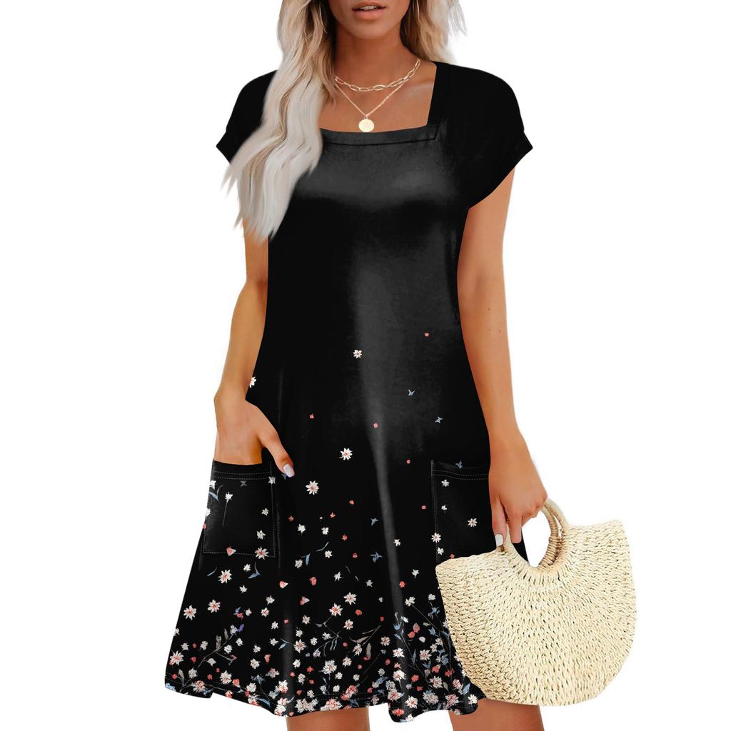 Summer Dresses For Women Loose Square Neck Cap Sleeve Casual Beach Vacation Tshirt Dress Sundresses With Pockets