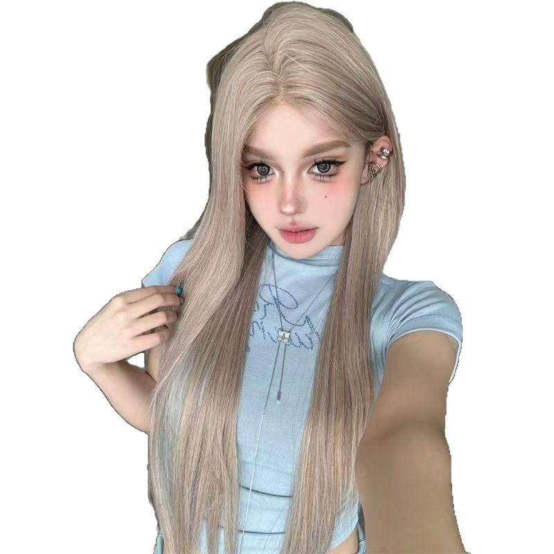 KuKu Princess Milk Tea Grey Middle Part Lace Wig - Women's Long Straight Hair Wig