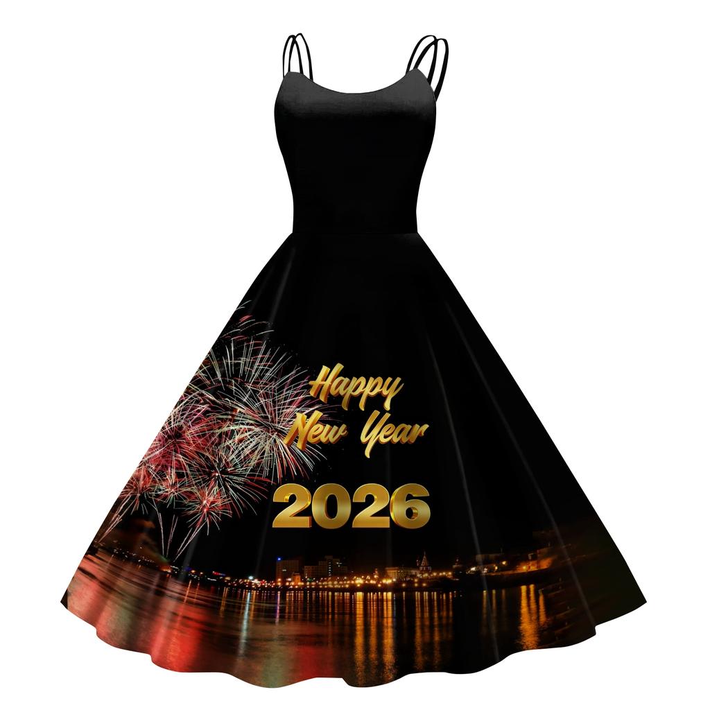 Women's New Year Printed Casual Fashion Round Neck Midi Dress