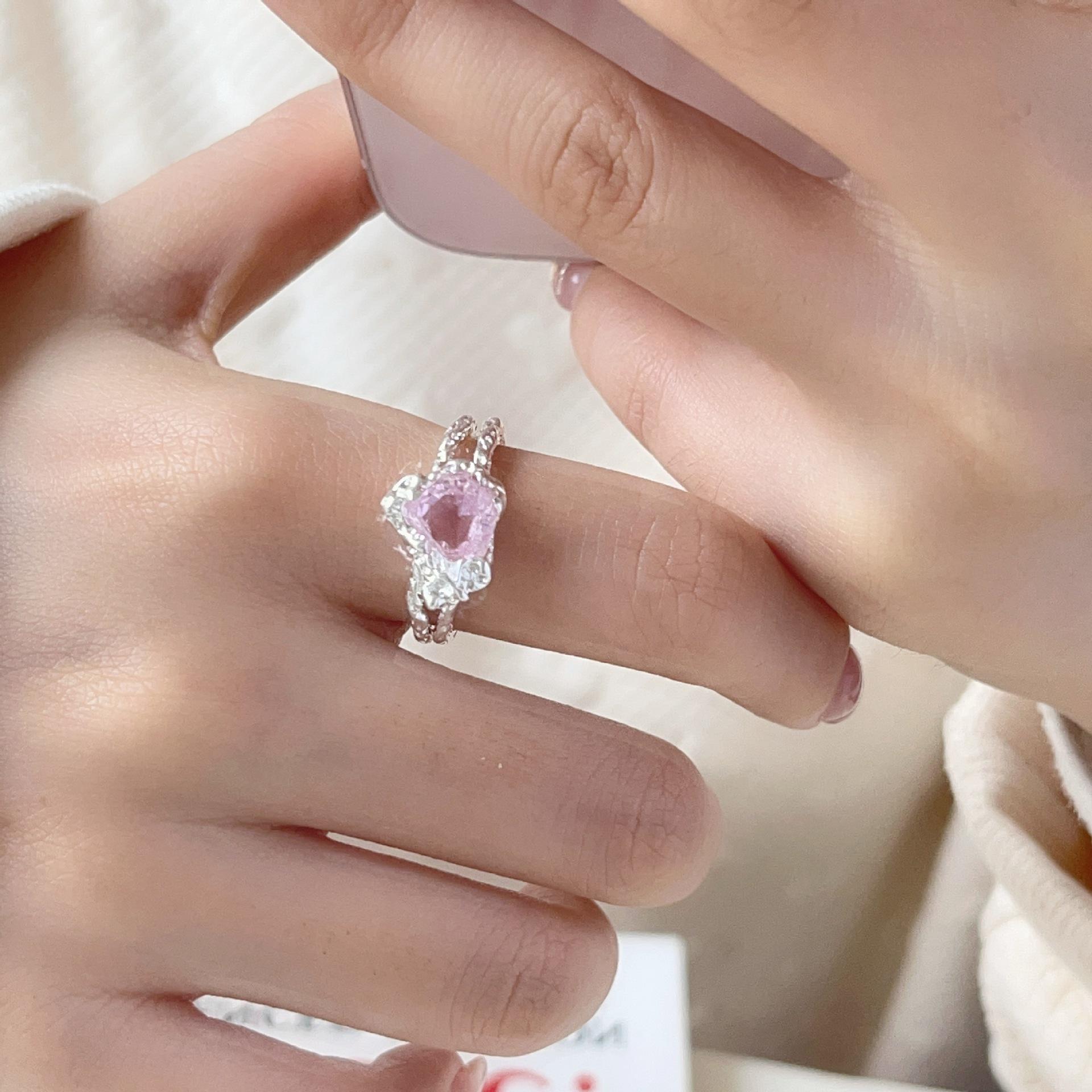 Pink Diamond Double Layer Heart Ring - Handmade Korean Style with Rhinestones Adjustable Open