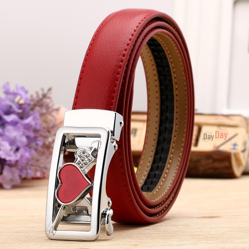Women's Casual Double-Sided Lychee Pattern Leather Belt with Automatic Buckle