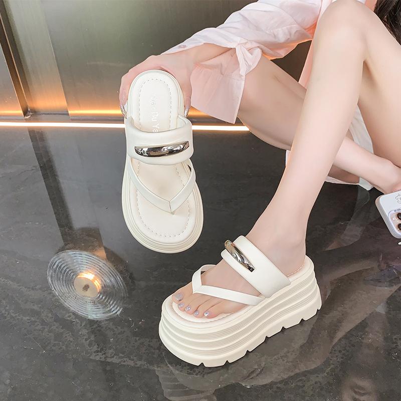 2025 New Summer Platform Wedges Slippers 8CM Heels Peep Toe Sandals Ladies Beach Flats Shoes Women Moccasins Leather Flip Flops