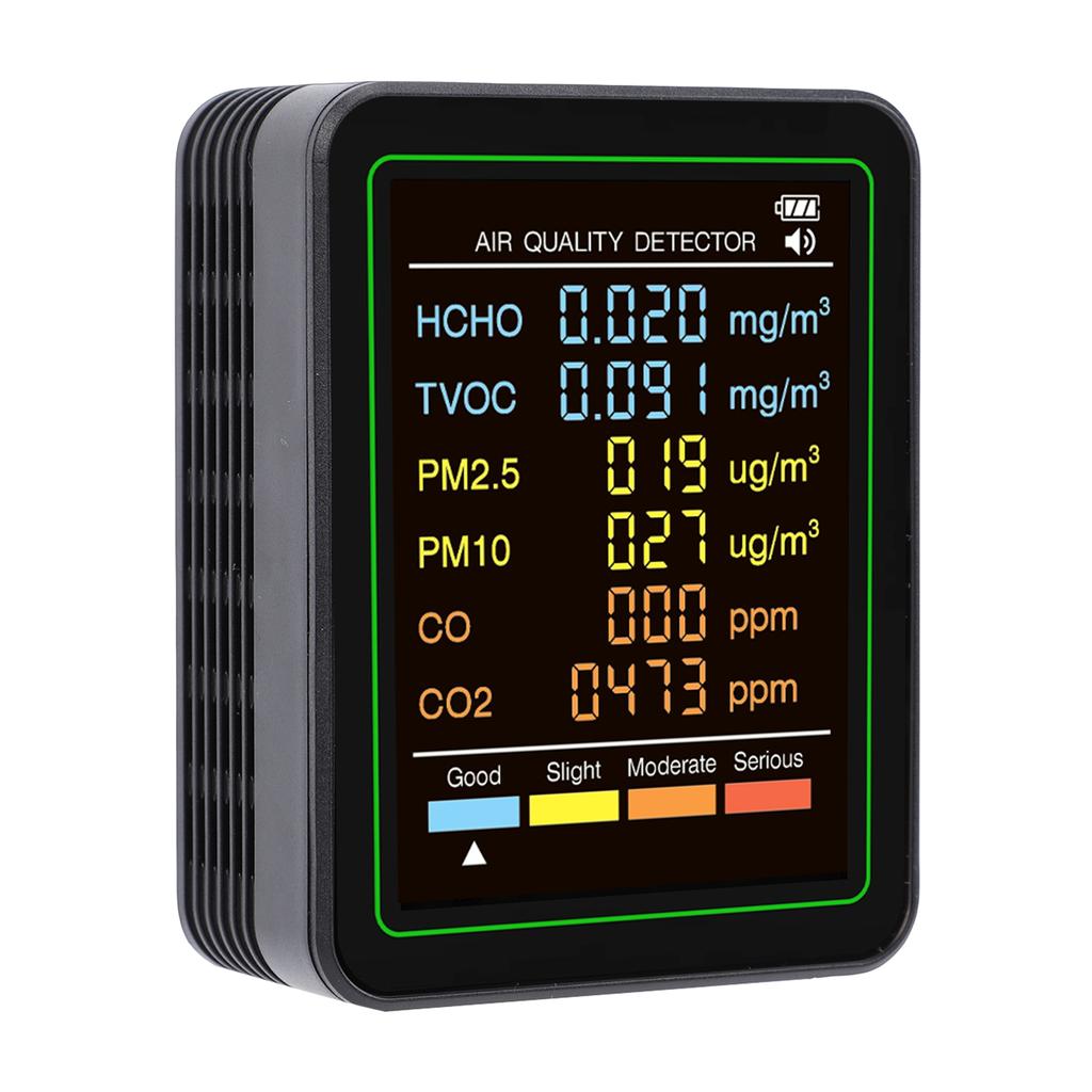 6 in 1 Air Quality Monitor with CO CO2 TVOC HCHO PM2.5 PM10 Detection Infrared Sensor LCD Color Screen Portable Home