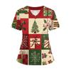 Women's Short Sleeved Christmas Printed V-neck Buttonable Side Slit Top T-shirt