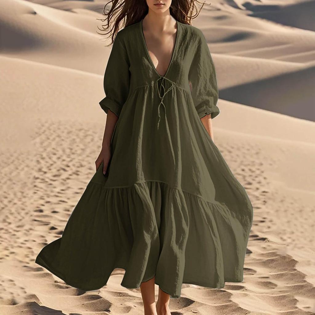 Women V Neck Solid Color Three Quarter Sleeve Cotton Linen Loose Fit Casual Long Dress with Flared Hem