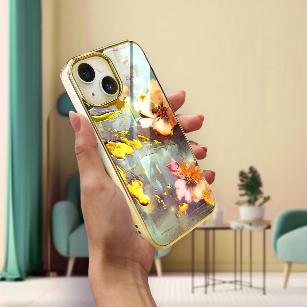 Etui Do Iphone 14 Ibizu Elite Glass, Szklany Tył, Kwiaty Ze Złotem, Złote
