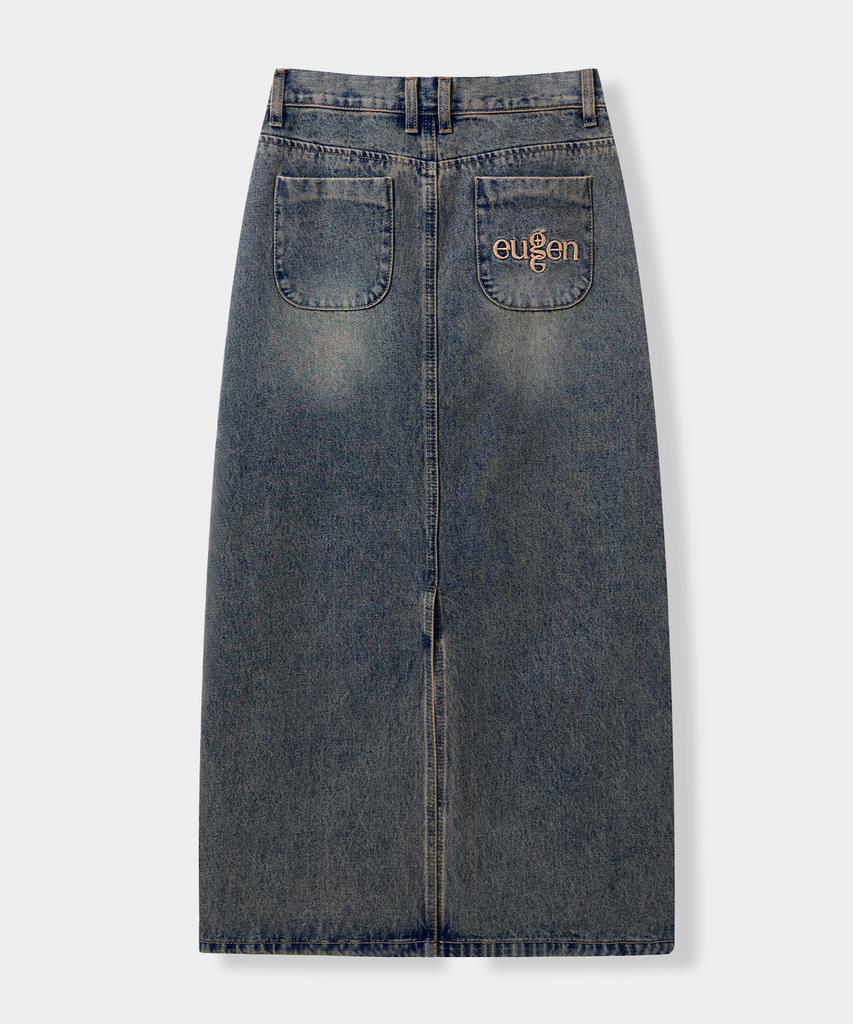 Yujen Slit Washed Denim Long Skirt_Dust Indigo