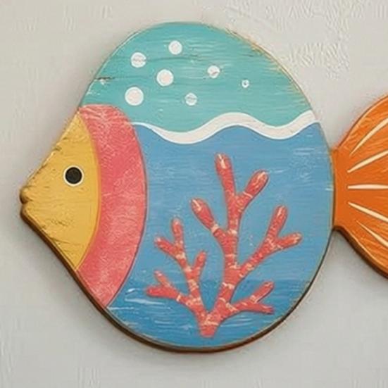 Seaside Bathroom Wall Art 4PCS Aspen Wood Fish Decor, Colorful Hanging Handcrafted Set Art, Beach Theme Decorative Plaques for Living Room Nautical