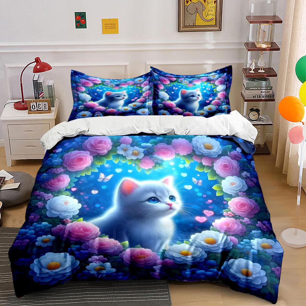 Cat surrounded by flowers. Bedding sets Duvet cover sets Duvet covers Pillowcases(1 * Duvet Cover 2 * Pillowcases without duvet insert) 135x200cm