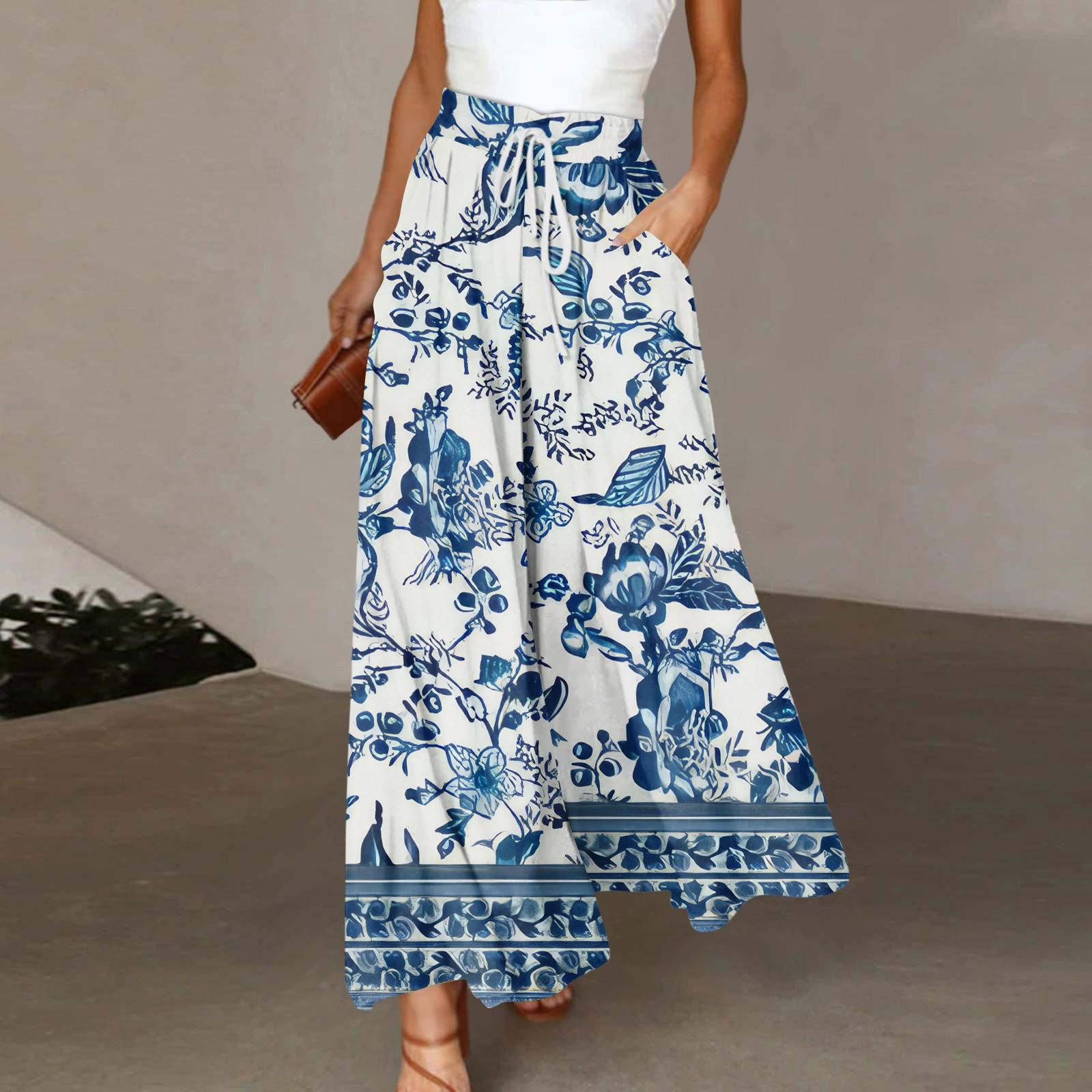 

Женские широкие брюки с высокой талией, летние повседневные свободные брюки с карманами, пляжные брюки с принтом L синий