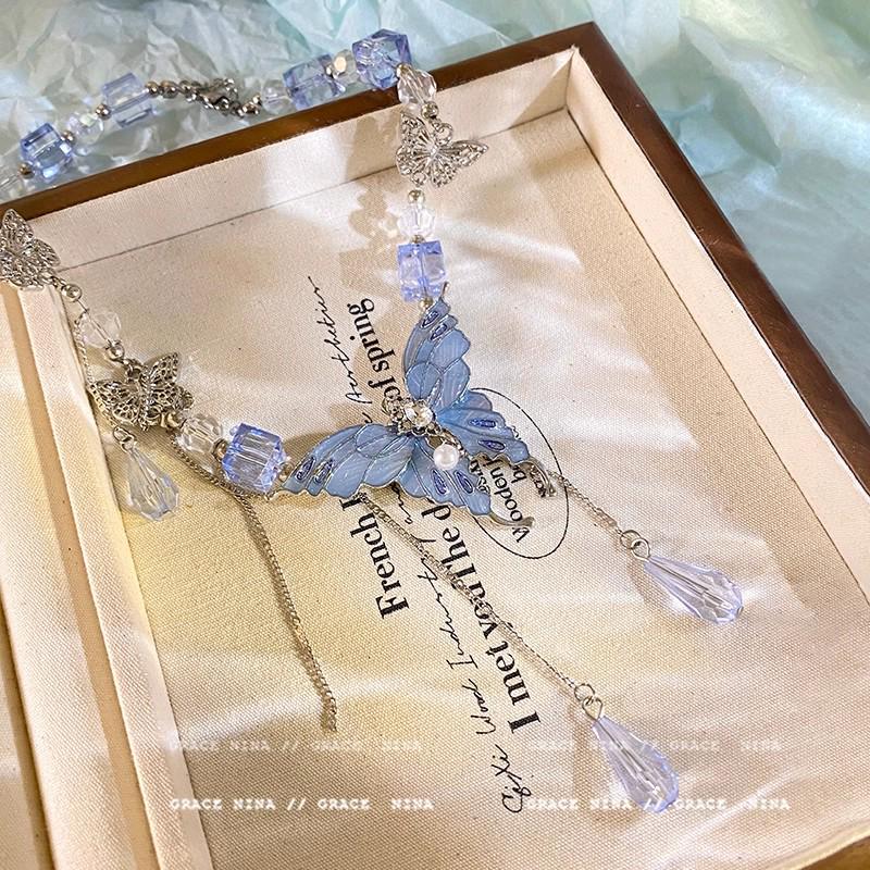 2025 года Легкая Роскошь Синий Хрустальный Кулон-Бабочка для Женщин – Элегантное Украшение на Ключицу