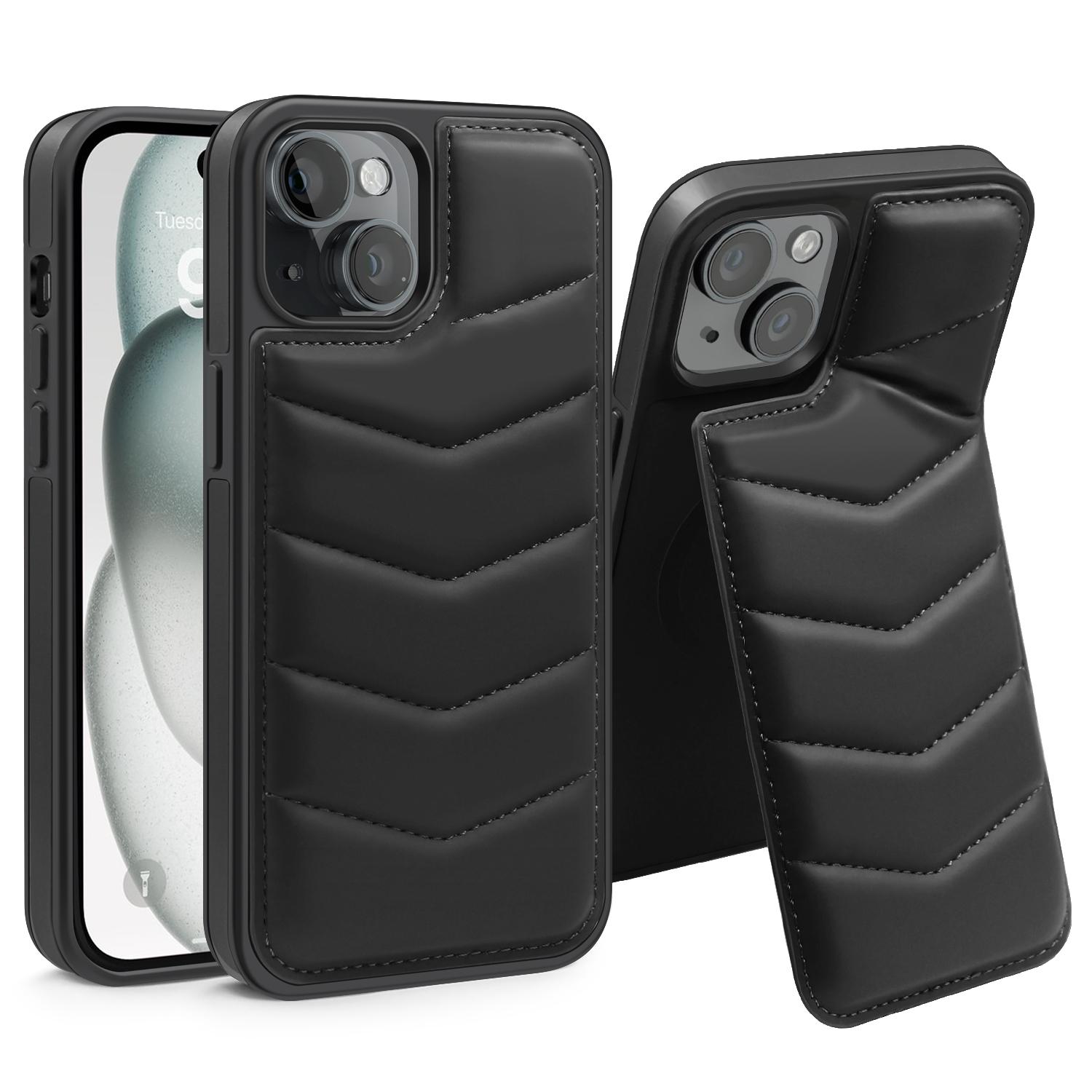 For iPhone 15 Case Card Slot Down Coat Kickstand Leather+TPU Magnetic Phone Cover A