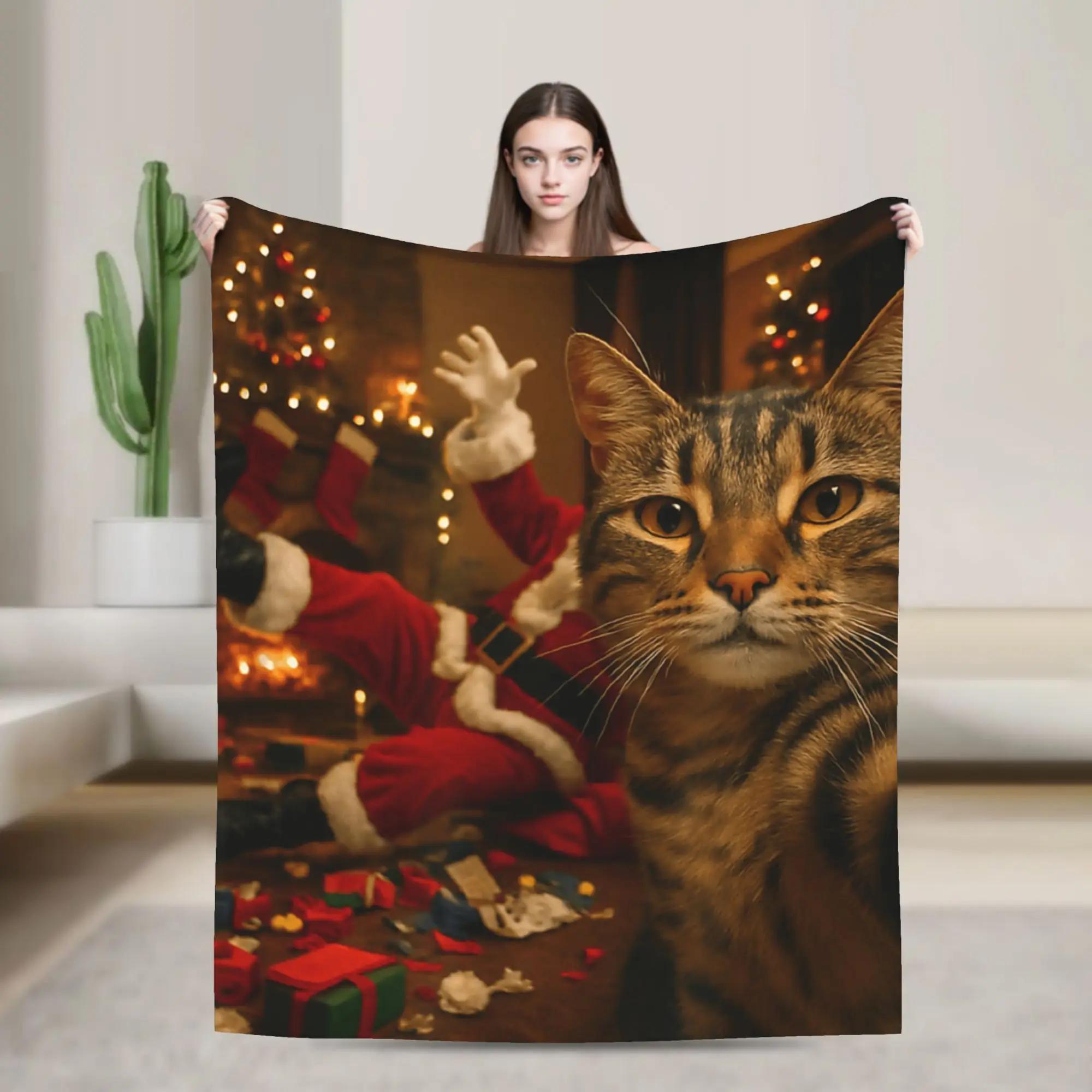 Cat Selfie with Santa Claus Christmas Blanket Super Warm Bedding Throw for Winter Kids Outdoor Funny Bedspread 100x150cm