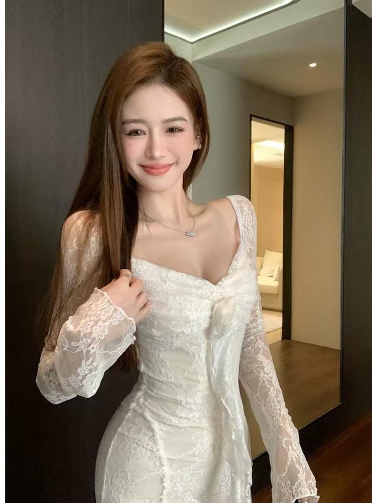 French 3D Floral Ribbon Long Sleeve Lace Fishtail Evening Dress for Women - Autumn Elegance.