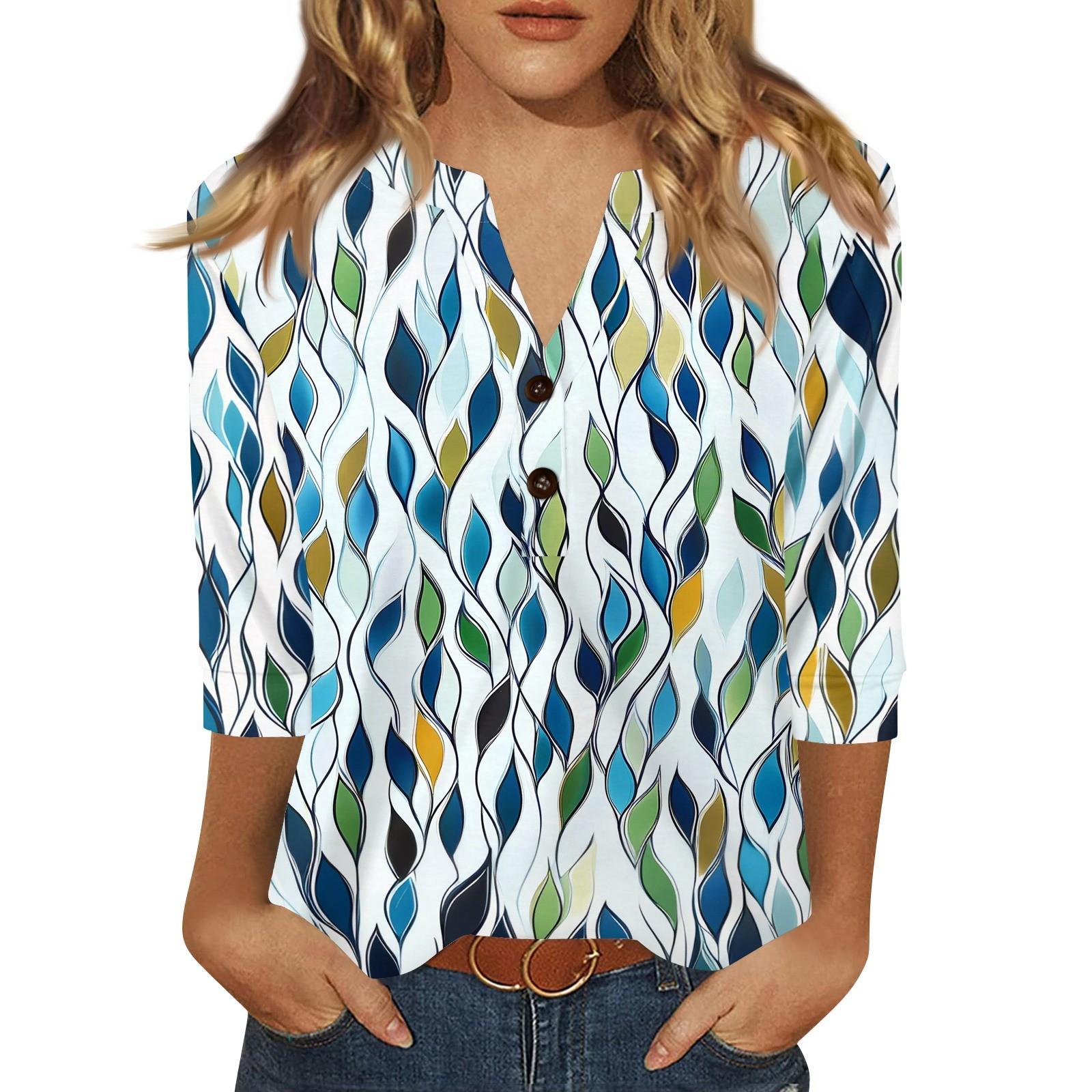 

Жен. Футболка С принтом Пуговицы Рукав 3/4 Повседневные Выходные Мода Классический Классический V-образный вырез Обычный Верх XXL