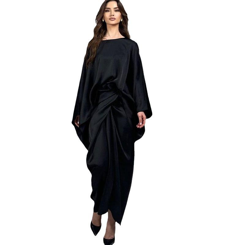 2024 Satin Batwing Sleeve Irregular Long Dress Two-Piece Set for Women