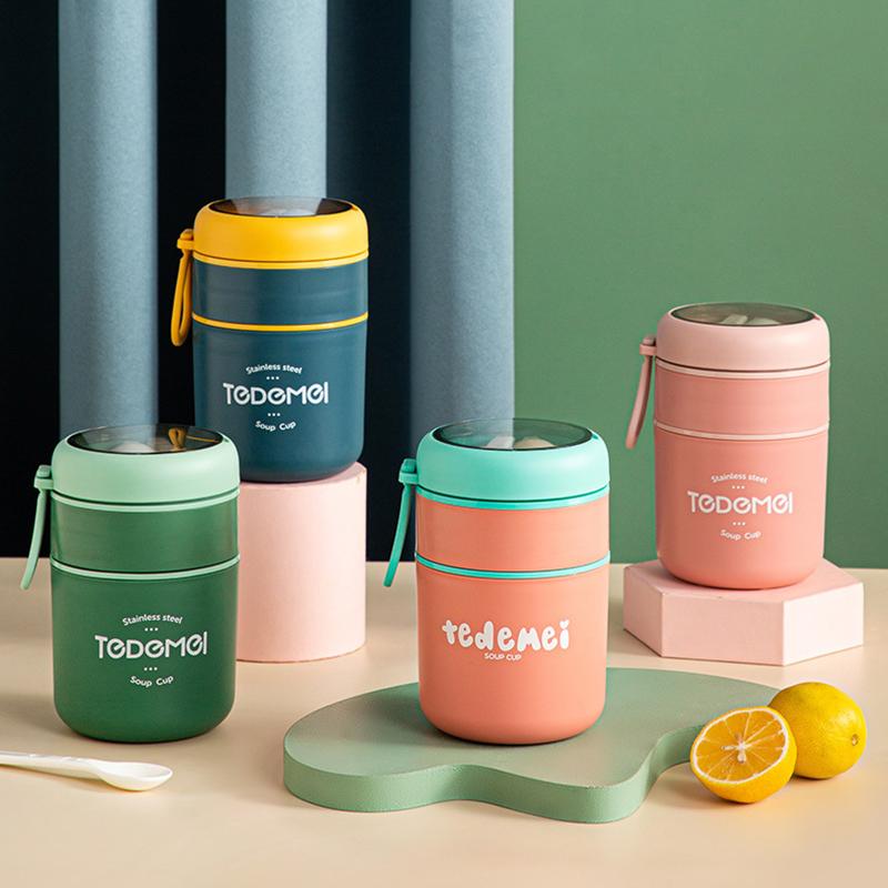 Isolierter Lunchbox-Behälter aus Edelstahl Doppelschichtiger japanischer Suppenbecher Versiegelter Frühstücksbecher mit Deckel Löffel Bento-Box