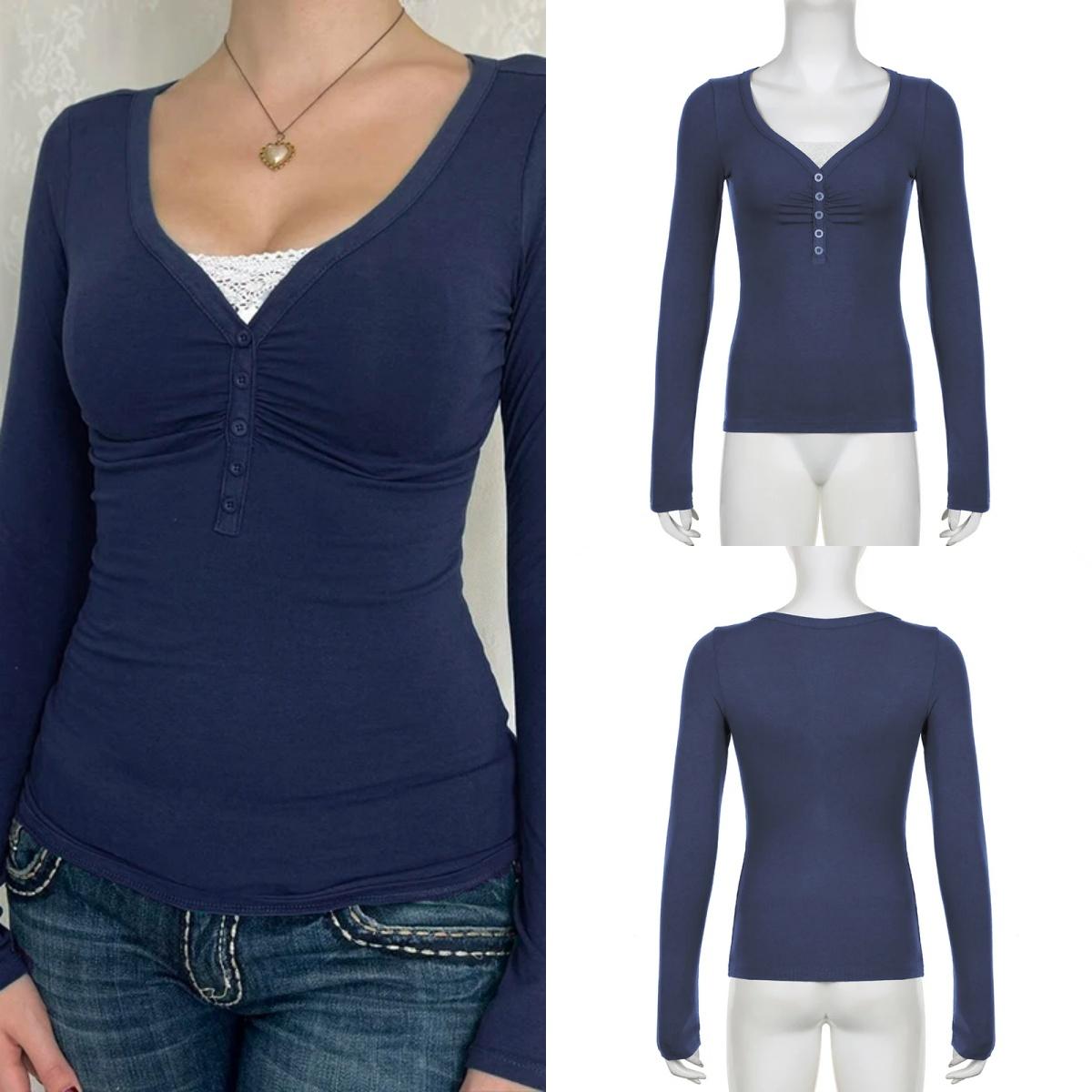 

Лоскутная поддельная футболка из двух частей, винтажный укороченный топ с пуговицами, женские футболки с длинным рукавом Y2k, эстетичный осенний топ 2000-х годов