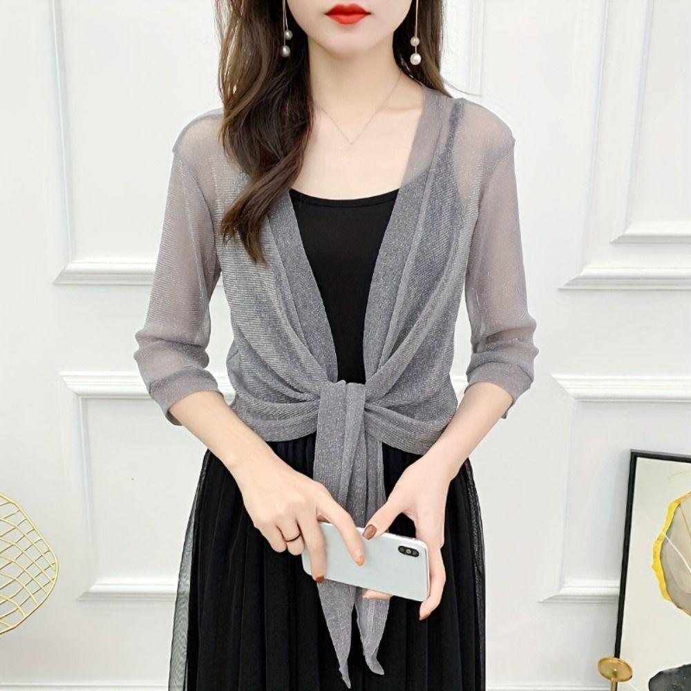 Shiny Mesh Shawl Transparent Short Coat Sunscreen Cropped Blouse  Winter/Autumn/Spring/Summer