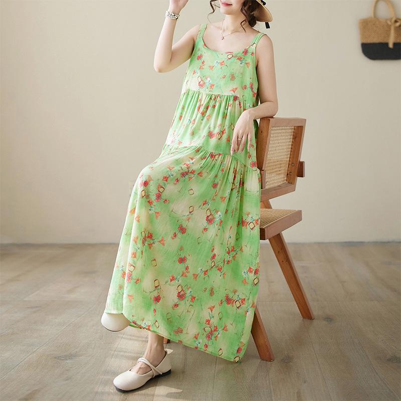 2026 Summer Cotton Linen Patchwork Long Dress with Sling and Large Hem Skirt