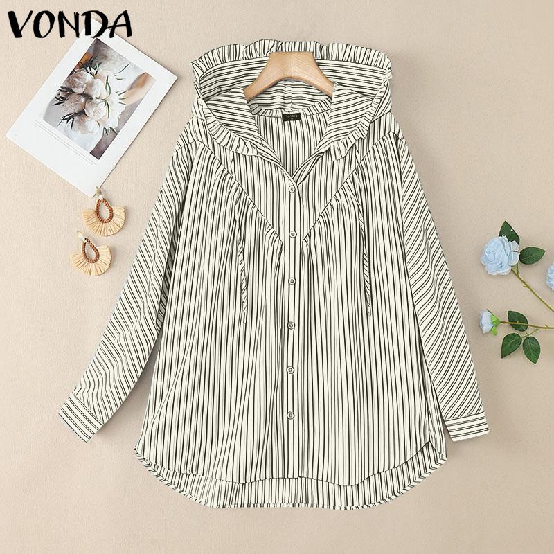 

VONDA Oversized Women Casual Long Sleeve Striped Loose Hooded Shirts Blouse 5XL абрикосовый