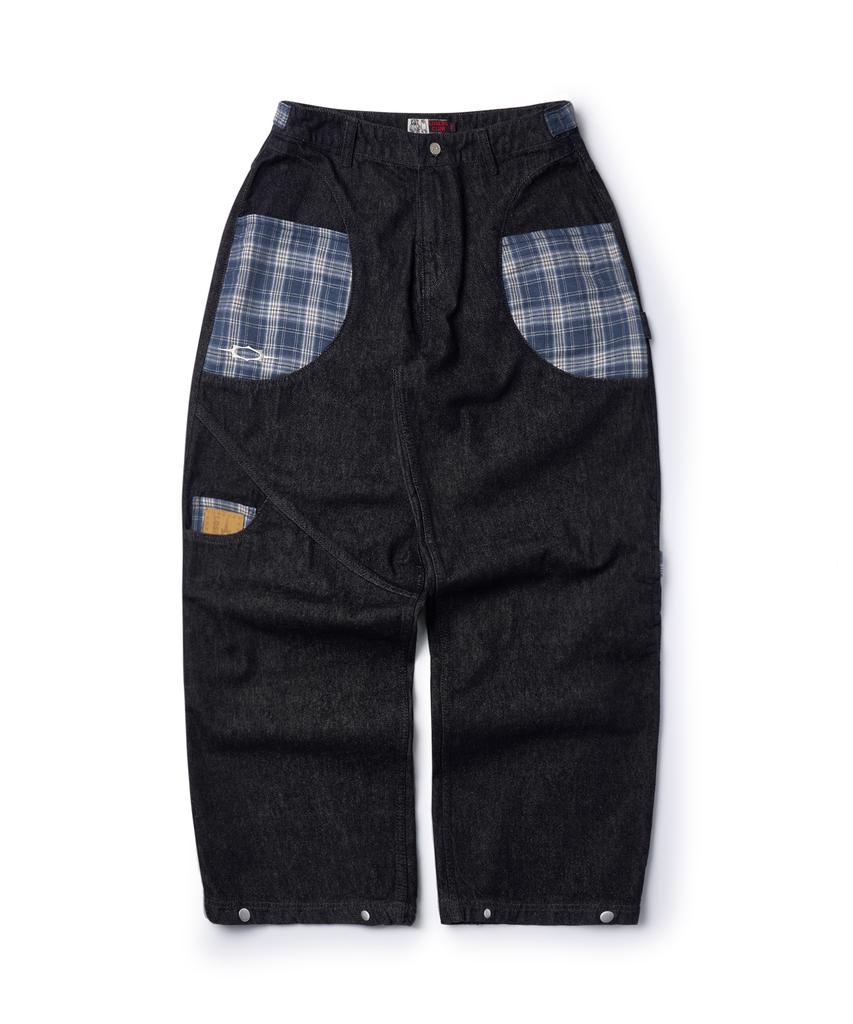 Lujeoseukeulleob Check Patch Wide Cotton Pants Indigo