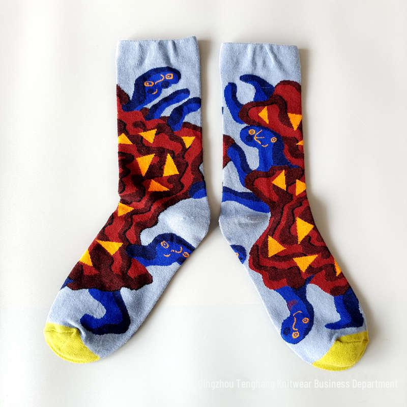 Șosete la modă cu pictură în ulei franceză: Șosete de vițel colorate, cu tub mediu-înalt, de nișă, la modă pentru femei