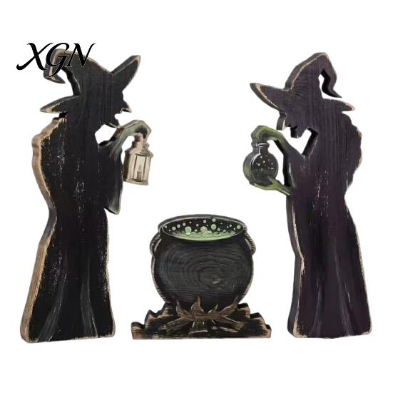Decorative Witchy Silhouette Props 3Pcs Halloween Witch Cauldron Lantern Potion Bottle Table Decorations, Rustic Wooden Vintage Distressed Holiday