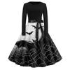 Women's Fashion O-Neck Casual Slim Fit Halloween Printed Long Sleeve Dress