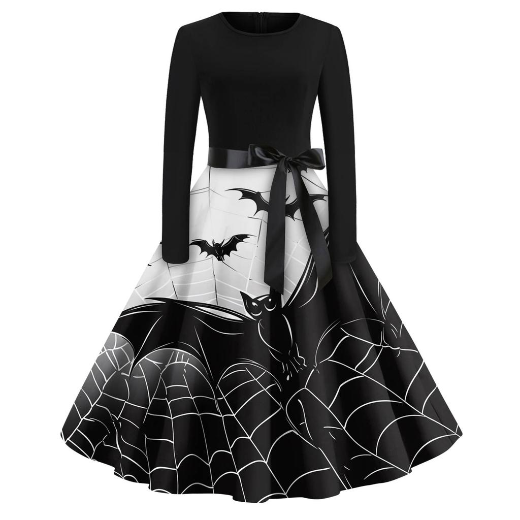 Dámské módní šaty s O-výstřihem, ležérního slim střihu, s halloweenským potiskem a dlouhým rukávem