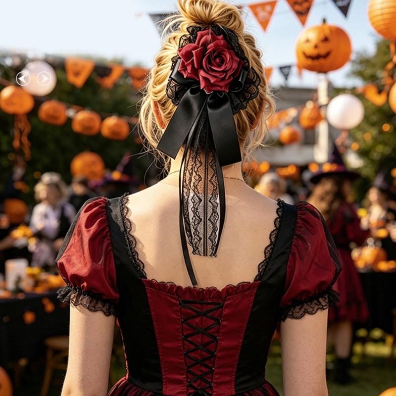 Lace Rose Flower Hair Clip Hair Styling Accessory with Long Ribbon Tails, Gothic Spring Clip for Women Costume Styling and Decoration Wear