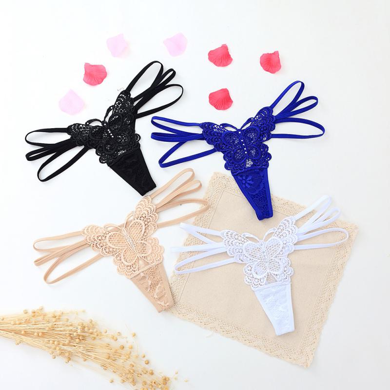 Fashion New Lady Sexy Solid Color Lace Hollow Thin Belt Perspective Butterfly Woven Thong