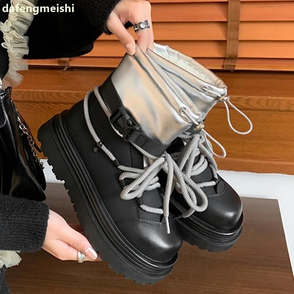 2025 Winter New Snow Boots Plush Warm Round Toe Thick Sole Mid-Calf Boots Black/beige Leather Elastic Band Snow Boots