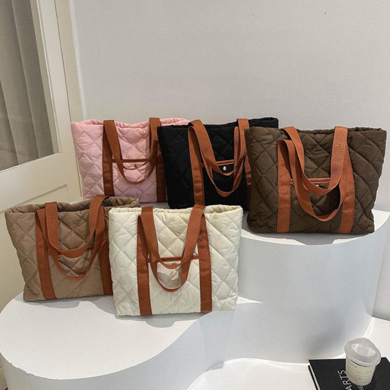 Women Retro Personality Large Capacity Quilted Shoulder Bags Casual Contrast Color Handbags Oxford Padded Tote Shopping Bags MIT