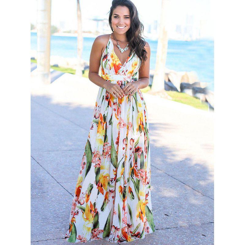 Strap Printed Beach Long Dress for Women Sling Print Beach Dress Women
